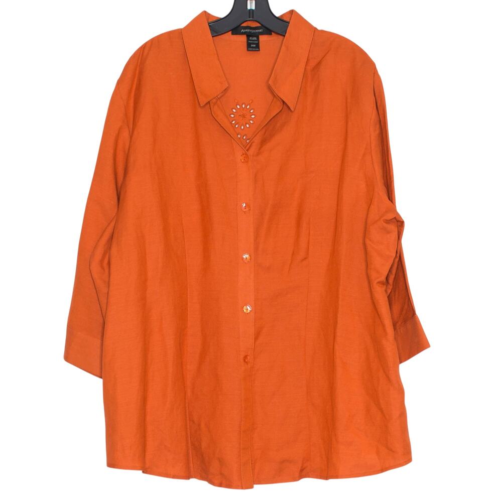 Ashley Stewart 3/4 Sleeve Top Linen Button Front Boho Artsy Orange Plus Size 24W